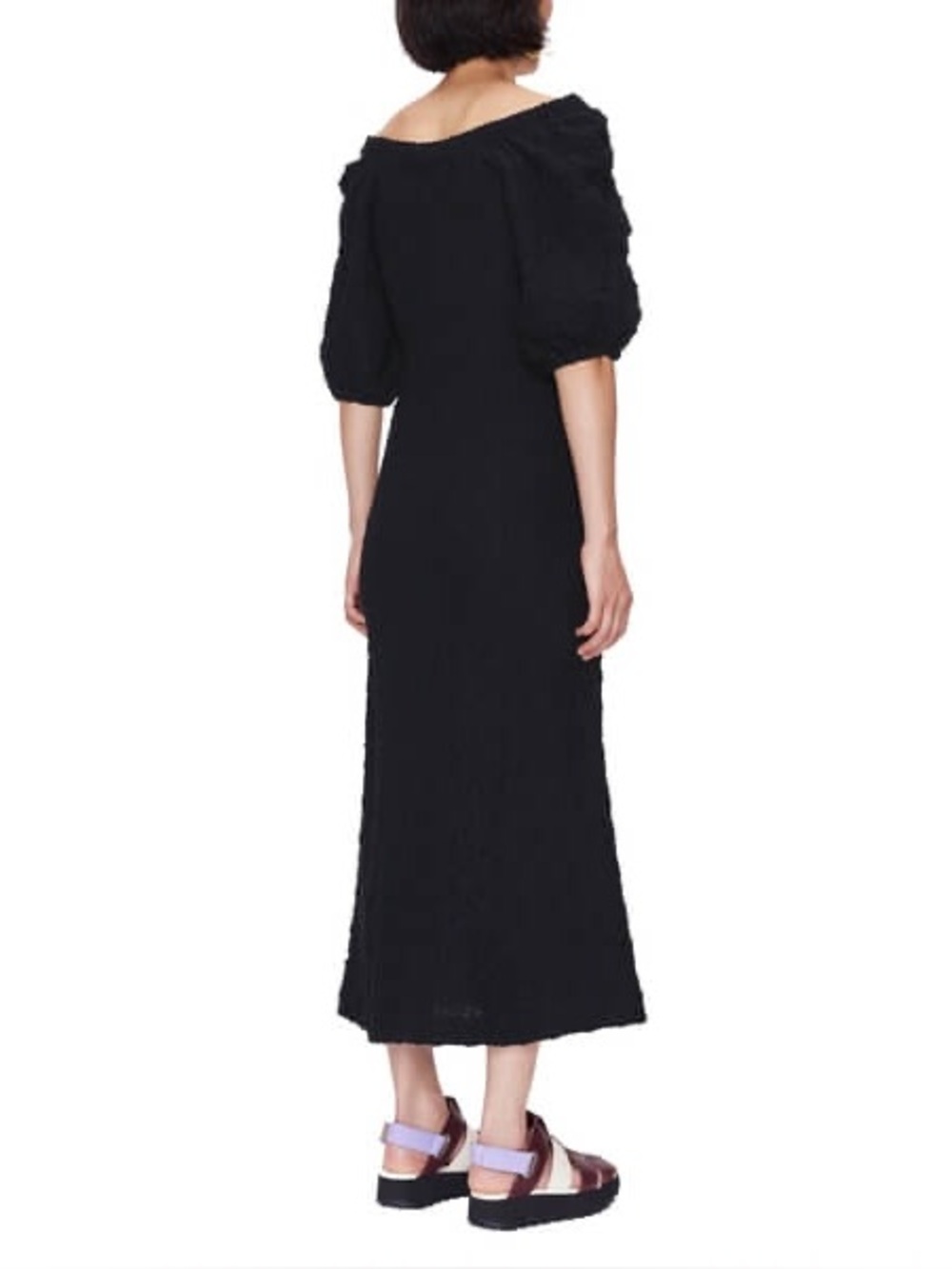 STINE GOYA Black Off-Shoulder Midi Dress with Puff Sleeves